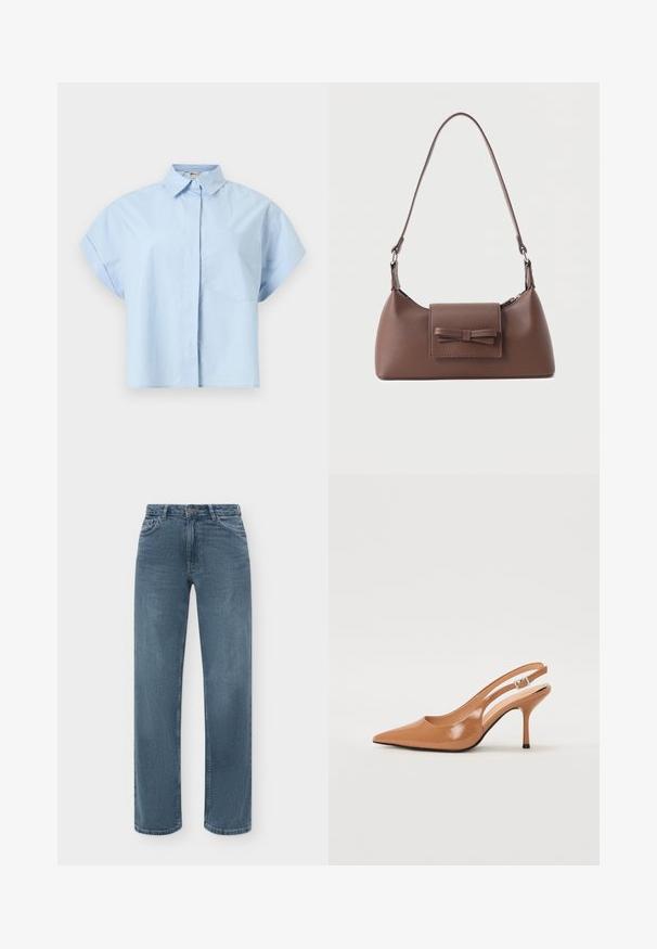 Hellblaues Kurzarmhemd mit Kragen, verdeckten Frontknöpfen und einer einzelnen Brusttasche, auf einem einfarbigen Hintergrund präsentiert.; Blaue Jeans mit geradem Bein, Vordertaschen, Gürtelschlaufen und Knopfverschluss auf einfarbigem Hintergrund.; Spitz zulaufender Slingback-Absatz aus einem glatten, glänzenden, tanfarbenen Material. Mit einem geschwungenen Ausschnitt-Design und einem schlanken Stiletto-Absatz. Silberne Schnallendetails.; Braune Leder-Umhängetasche mit einer vorderen Klappentasche, die ein gestepptes Schleifendetail und einen verstellbaren Riemen aufweist.
