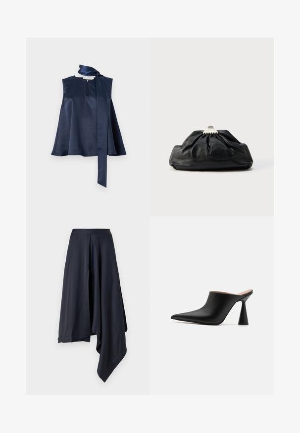 Marine satin top uden ærmer med en nøglehulldetalje, flydende design og et langt bånd til at binde om halsen, med blød tekstur og elegant fald.; Marineblå satin midi-nederdel med asymmetrisk nederkant, med en glat tekstur og subtile draperinger. Tætsiddende talje uden synlige lukninger.; Sorte lædermules med spids tå og en unik kegleformet hæl. Glat tekstur og minimalistisk design, åben bagside for nem påtagning.; Sort læderclutch med en samlet tekstur, metal lukning og diskret præget logo på forsiden. Rundet form.