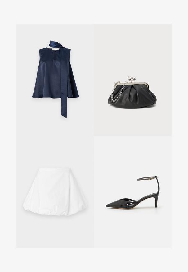 Marine satin top uden ærmer med en nøglehulldetalje, flydende design og et langt bånd til at binde om halsen, med blød tekstur og elegant fald.; Hvid boblenederdel med rynket kant og glat linning, vist på ensfarvet lysegrå baggrund.; Sort læder højhælet sko med spids tå, åbne sider og en tynd ankelrem med en lille guld detalje.; Sort læder clutch med samlet tekstur, sølvfarvet metalramme, kys-lås lukning og kædestrop. Glat, blød overflade.