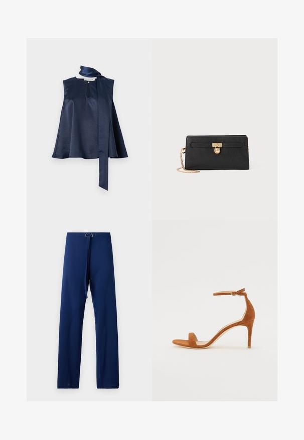 Marine satin top uden ærmer med en nøglehulldetalje, flydende design og et langt bånd til at binde om halsen, med blød tekstur og elegant fald.; Mørkeblå bukser med en løs pasform, lavet af glat stof. Har en justerbar talje med snor og øjer i guldfarve til tilpasning.; Brune ruskinds højhælede sandal med en tynd ankelrem med en guldspænde, åben tå og et stilrent, minimalistisk design.; Sort læderpung med tekstureret finish, der har en guld-tone lås og kæderekke. Rektangulær form med en horisontal detalje på forsiden.