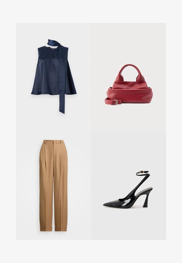 Navy Satin Ärmeloses Top mit Schlüsselöffnung, fließendem Design und langem Schalband am Hals, mit glatter Textur und Drapierung.; Beige maßgeschneiderte Hose mit hoher Taille, gefalteter Vorderseite, schmal zulaufenden Beinen und aufgerollten Säumen. Glattes Material mit einer feinen Textur.; Schwarze Lackleder-Slingbacks mit spitz zulaufender Zehenpartie, verstellbarem Knöchelriemen und moderatem Blockabsatz. Glatte Textur mit glänzender Oberfläche.; Rote Handtasche aus strukturiertem Leder mit zwei abgerundeten Griffen und einem abnehmbaren Riemen mit silberner Schnalle vor weißem Hintergrund.