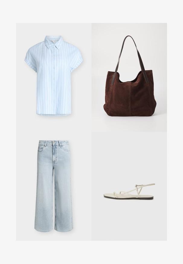 Lyseblå kortærmet skjorte med knapper og hvide lodrette striber samt klassisk krave, størrelse small.; Lyseblå vidbenede denimjeans med høj talje, forreste knap og lynlås samt fem-lommer-stil på hvid baggrund.; Beige flad sandal med flere slanke stropper og en justerbar spænde. Sålen er flad med en let mørkere kontrast ved kanten.; Brun ruskind tote taske med to mørke læder skulderremme. Blød tekstur, afrundet top og et rummeligt interiør. Ingen synlig hardware eller pynt.