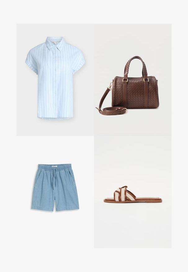 Chemise bleu clair à manches courtes avec boutons, rayures verticales blanches et col classique, taille petite.; Shorts en jean bleu clair avec taille élastique et cordon de serrage noué, dotés de poches latérales et d'ourlets droits.; Sandales plates brunes avec de larges sangles en tissu tressé, dotées d'une semelle synthétique lisse et d'un design minimaliste.; Sac à main en cuir tressé marron foncé avec poignées jumelles tressées, ferrures dorées et bandoulière amovible enroulée à l'avant.