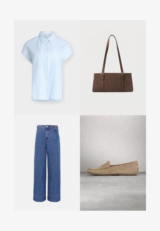 Chemise bleu clair à manches courtes avec boutons, rayures verticales blanches et col classique, taille petite.; Jean en denim bleu à jambes larges avec ceinture tressée, bouton frontal et poches, présenté sur un fond uni.; Mocassins en suède beige avec un détail de couture à l'orteil et une surface lisse. Talon plat et forme arrondie. Design minimaliste sans embellissements.; Sac à bandoulière rectangulaire marron avec longues sangles et détails de couture minimalistes sur un fond uni.