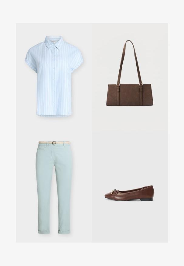 Chemise bleu clair à manches courtes avec boutons, rayures verticales blanches et col classique, taille petite.; Pantalon bleu clair ajusté avec revers et ceinture tissée écrue sur un fond uni.; Ballerines en cuir marron avec un bout rond, un petit talon noir et un nœud décoratif avec des accents dorés à l'avant. Texture lisse.; Sac à bandoulière rectangulaire marron avec longues sangles et détails de couture minimalistes sur un fond uni.