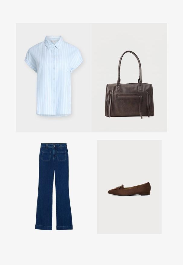 Lichtblauw kortarmig overhemd met witte verticale strepen en een klassieke kraag, maat S.; Donkerblauwe denim flared jeans met een gladde textuur, vijf zakken en een knoopsluiting aan de taille.; Bruine suède puntige platte schoen met lage hak en decoratieve gesp over de bovenzijde, zijaanzicht op witte achtergrond.; Donkerbruine leren handtas met dubbele handvatten, een voorvak met rits en twee verticale zijritsdetails op een witte achtergrond.