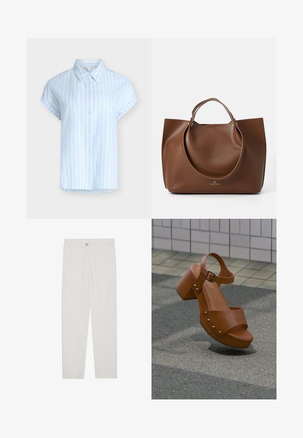 Chemise bleu clair à manches courtes avec boutons, rayures verticales blanches et col classique, taille petite.; Pantalon blanc sur mesure avec une coupe droite, doté d'une fermeture à bouton, de passants de ceinture et de poches latérales ; texture de tissu lisse.; Sandale à plateforme en cuir marron avec bride à la cheville et clous dorés flottant au-dessus d'un sol pavé et d'un mur carrelé en arrière-plan.; Sac fourre-tout en cuir brun avec une texture lisse, de grandes poignées circulaires, présentant un design minimaliste et un logo embossé à la base.