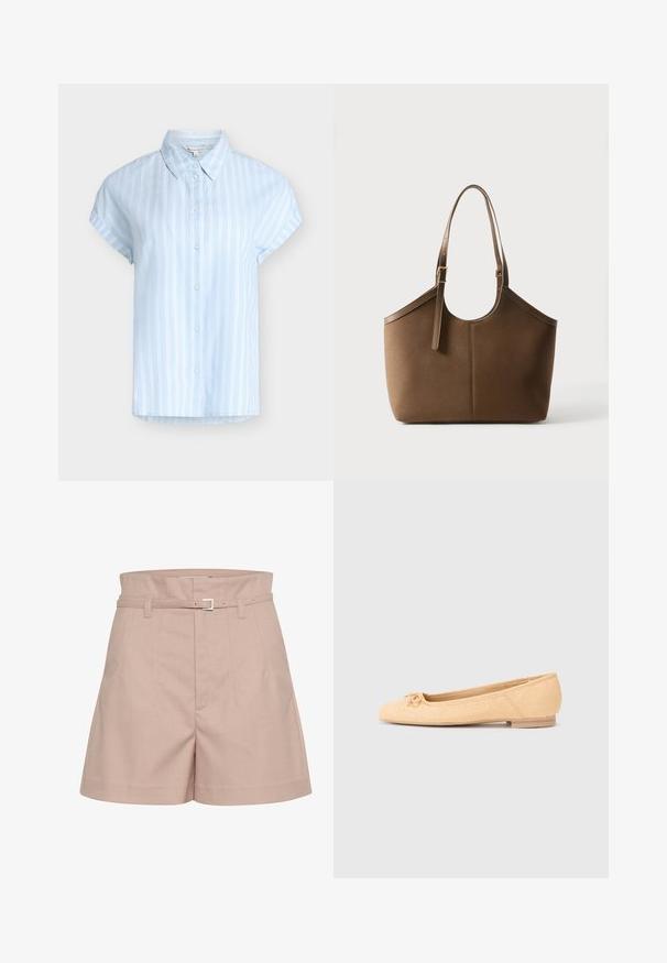 Chemise bleu clair à manches courtes avec boutons, rayures verticales blanches et col classique, taille petite.; Shorts ajustés rose clair en tissu texturé, avec une taille large, des passants de ceinture et un détail en boucle argentée.; Ballerines beiges en tissu texturé, bout rond, détail de nœud décoratif et petit talon en bois. Design simple et classique.; Sac cabas en cuir marron avec bandoulière ajustable et boucle dorée, texture lisse, présenté sur fond blanc uni.