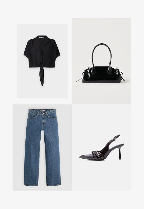 Sort kortærmet skjortebluse med krave og bindeknud foran, lavet af let tekstureret stof.; Blå denim jeans med lige pasform, der har fem lommer, knaplukning og kontrastsyninger langs sømmene.; Sort slingback højhælet sko i laklæder med spids tå og tre dekorative spænder over vristen.; Lille sort blank håndtaske med to lange håndtag og snøre-detaljer i siden på en ensfarvet lys baggrund.