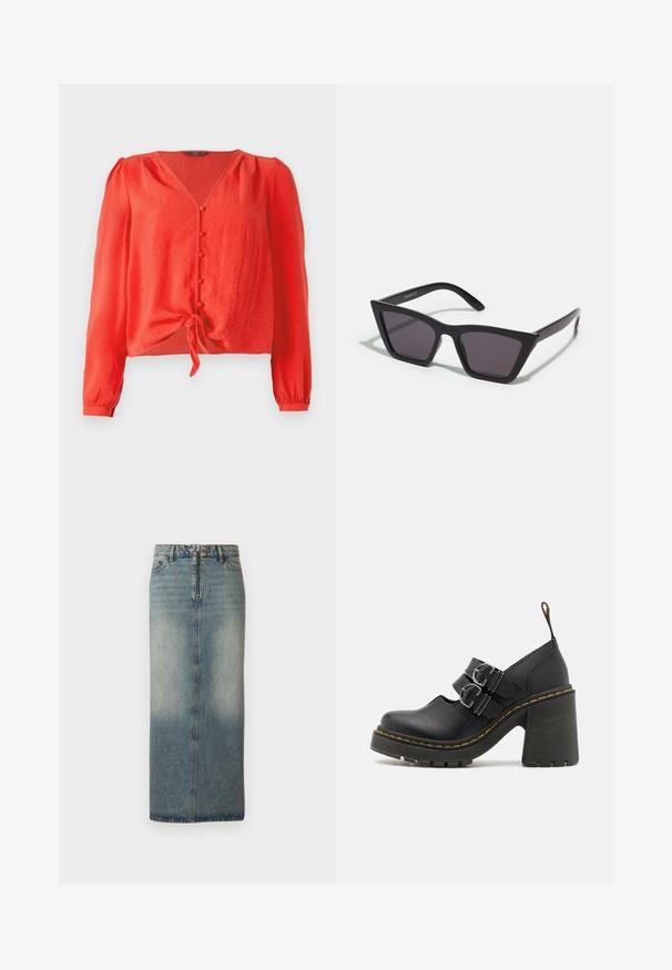 Rød langærmet bluse med V-hals og knaplukning foran. Har et bånd i taljen og blødt, tekstureret stof.; Denim midi nederdel i lys blåt med en falmet finish. Har en frontlynlås og knaplukning, lige snit og minimale syninger.; Sorte højhælede sko med en tekstureret sål, der har to sølvspænder, gul syning og en løkke bagpå for nem påtagning.; Sorte, kantede solbriller med grå linser; lavet af plast, med tykke stænger med en glat overflade og ingen synlig hardware.