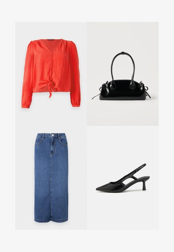 Rode blouse met lange mouwen, een V-hals en knoopsluiting aan de voorkant. Heeft een strik in de taille en een zachte, gestructureerde stof.; Denim maxi rok in donkerblauw, met een rechte snit, een tailleband met knoopsluiting en minimale stikdetails.; Zwarte slingback hakken met een spitse neus, gemaakt van glanzend materiaal, met uitsnijdingen en een gematigde hak voor ondersteuning.; Kleine zwarte glanzende handtas met twee lange hengsels en zijkant trekkoord details op een effen lichte achtergrond.