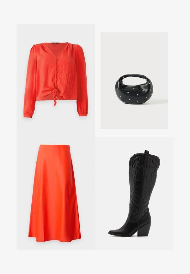 Rote Bluse mit langen Ärmeln, V-Ausschnitt und vorderem Knopfverschluss. Sie hat einen Bindegürtel in der Taille und besteht aus einem weichen, strukturierten Stoff.; Roter Satin-Midirock mit einer glatten Textur, A-Linien-Silhouette und einem subtilen Schwung am Saum. Keine sichtbaren Muster oder Verzierungen.; Schwarze kniehohe Stiefel aus Leder mit spitz zulaufender Zehenpartie und gestapeltem Absatz. Verfügt über dekorative Nähte und geschwungene Designelemente.; Schwarze Lederhandtasche mit abgerundeter Form, verziert mit silbernen Nietenakzenten und kurzem Griff. Glatte Struktur und Reißverschlussverschluss.