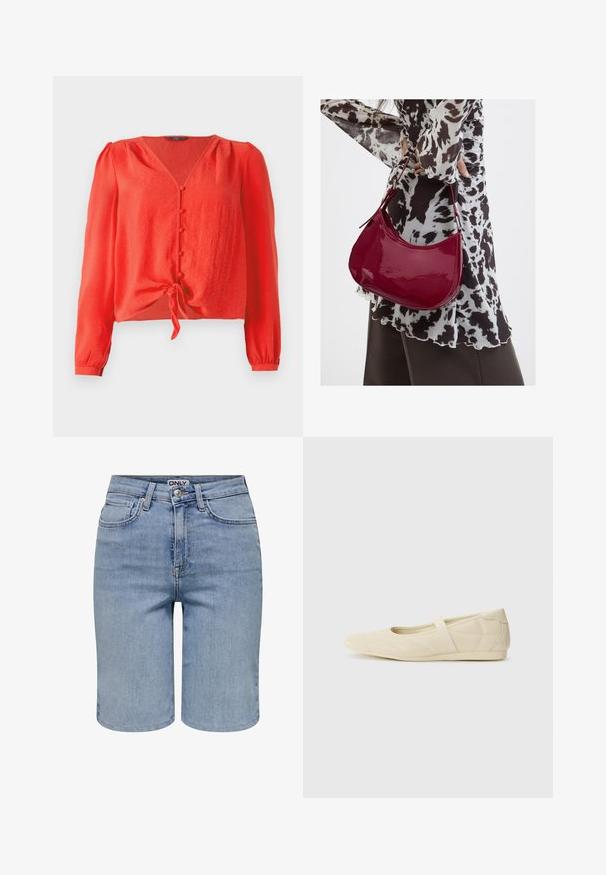 Rote Bluse mit langen Ärmeln, V-Ausschnitt und vorderem Knopfverschluss. Sie hat einen Bindegürtel in der Taille und besteht aus einem weichen, strukturierten Stoff.; Hellblaue Jeansshorts mit vorderen Taschen, Gürtelschlaufen, einem Metallknopf und einem Reißverschluss.; Beige Ballerinas aus glattem Leder mit mandelförmiger Zehenpartie und elastischem Riemen über dem Fußrücken, ausgestattet mit dezenten Nähtelementen.; Frau trägt eine schwarz-weiß gemusterte Bluse und hält eine glänzende rote Schultertasche vor einem einfarbigen Hintergrund.