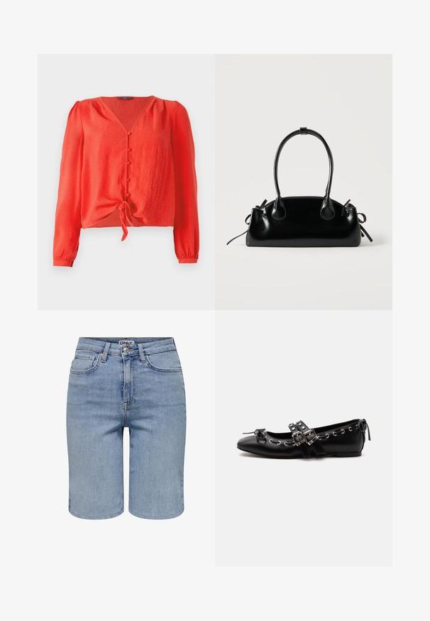Rode blouse met lange mouwen, een V-hals en knoopsluiting aan de voorkant. Heeft een strik in de taille en een zachte, gestructureerde stof.; Lichtblauwe denim shorts met voorzakken, riemlussen, een metalen knoop en een ritssluiting.; Zwarte platte balletschoen met dubbele gespsluitingen, zilveren oogjes en een klein strikje nabij de afgeronde neus op een witte achtergrond.; Kleine zwarte glanzende handtas met twee lange hengsels en zijkant trekkoord details op een effen lichte achtergrond.