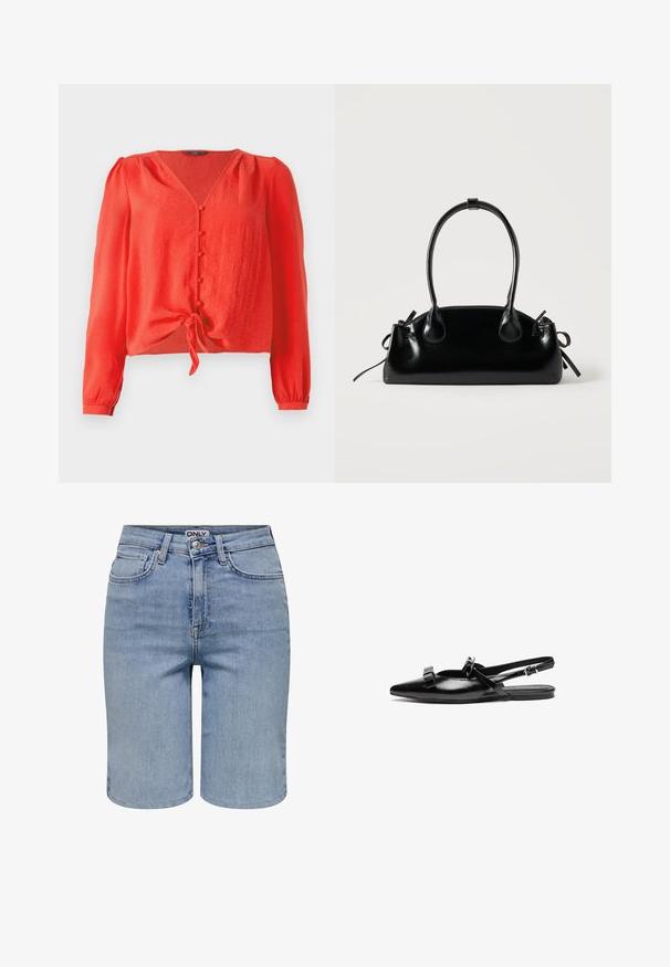 Rode blouse met lange mouwen, een V-hals en knoopsluiting aan de voorkant. Heeft een strik in de taille en een zachte, gestructureerde stof.; Lichtblauwe denim shorts met voorzakken, riemlussen, een metalen knoop en een ritssluiting.; Zwarte leren slingback ballerina met een spitse neus, voorzien van ruches op de wreef en een verstelbare enkelband. Gladde oppervlaktetextuur.; Kleine zwarte glanzende handtas met twee lange hengsels en zijkant trekkoord details op een effen lichte achtergrond.