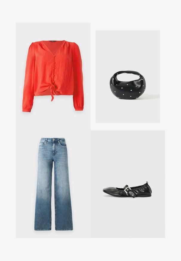 Rød langærmet bluse med V-hals og knaplukning foran. Har et bånd i taljen og blødt, tekstureret stof.; Vide ben jeans i lys blå vask, med høj talje, fem-lomme design og subtil falmen på stoffet. Klassisk metalknap lukning.; Sorte læder flade sko med spids tå, samling detaljer omkring åbningen, og en sølv spænde accent på den justerbare rem.; Sort læderhåndtaske med en rundet form, dekoreret med sølvnitter, og et kort håndtag. Glat tekstur og lynlåslukning.