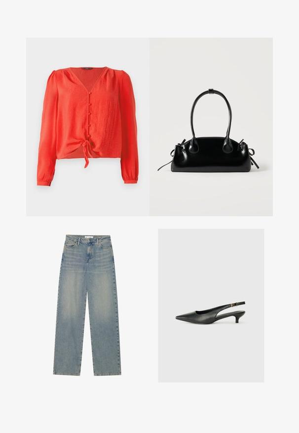Rød langærmet bluse med V-hals og knaplukning foran. Har et bånd i taljen og blødt, tekstureret stof.; Lyseblå højtaljede lige ben jeans i denim med forlommer, bæltestropper og synlig knap- og lynlåslukning.; Sorte spidse slingback-sko lavet af glat læder. Har en tynd hæl og en spænde detalje på den justerbare rem.; Lille sort blank håndtaske med to lange håndtag og snøre-detaljer i siden på en ensfarvet lys baggrund.