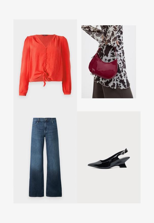Rode blouse met lange mouwen, een V-hals en knoopsluiting aan de voorkant. Heeft een strik in de taille en een zachte, gestructureerde stof.; Donkerblauwe wijde jeans van denim, met een hoge taille, vijf zakken en subtiele vervaging aan de zoom. Standaard knoopsluiting.; Zwarte lakleren slingback schoen met spitse neus en lage schuine blokhak op een effen lichte achtergrond.; Vrouw met een zwart-wit gebloemde blouse houdt een glanzende rode schoudertas vast tegen een effen achtergrond.