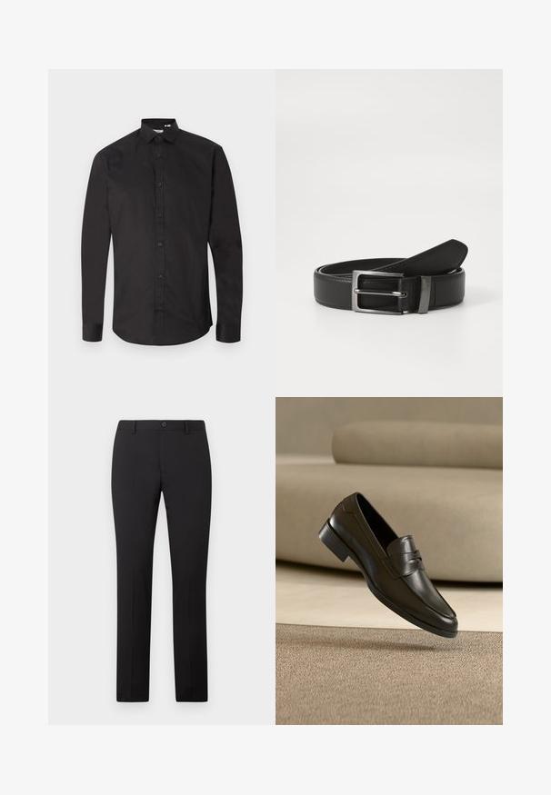 Chemise noire à manches longues en coton lisse, avec une fermeture à boutons sur le devant, un col classique et un ourlet arrondi. Design simple, sans motifs.; Pantalon noir sur mesure avec une coupe droite, doté d'une fermeture à bouton et de passants pour ceinture. Confectionné dans un tissu lisse sans motifs apparents.; Mocassin en cuir noir flottant au-dessus d'un tapis beige avec un canapé beige en arrière-plan, mettant en valeur le design classique pour hommes sans lacets.; Ceinture en cuir noir avec une boucle en métal argenté, présentant une finition lisse et un design classique. La ceinture est soigneusement pliée.