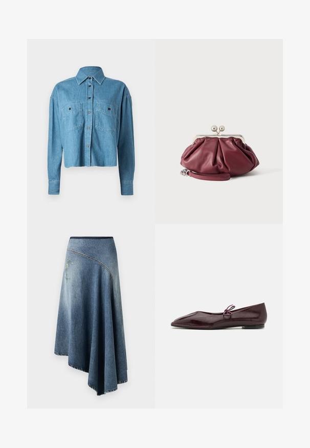 CLOSED CROPPED FRONT OVERSIZED - Blúzka so zapínaním na gombíky - mid blue; Denimová sukňa s obalom v svetlomodrom až tmavomodrom gradiente, s vyšívaným kvetinovým vzorom na jednej strane a viditeľnými stehmi pozdĺž okrajov.; Balerínky z bordovej lakovej kože s špicatou špičkou a ozdobnou fialovou mašľou na nárte; plochý dizajn podrážky.; Malá bordová kožená peňaženka s kovovou striebornou sponou a zápästným remienkom na bielom pozadí.