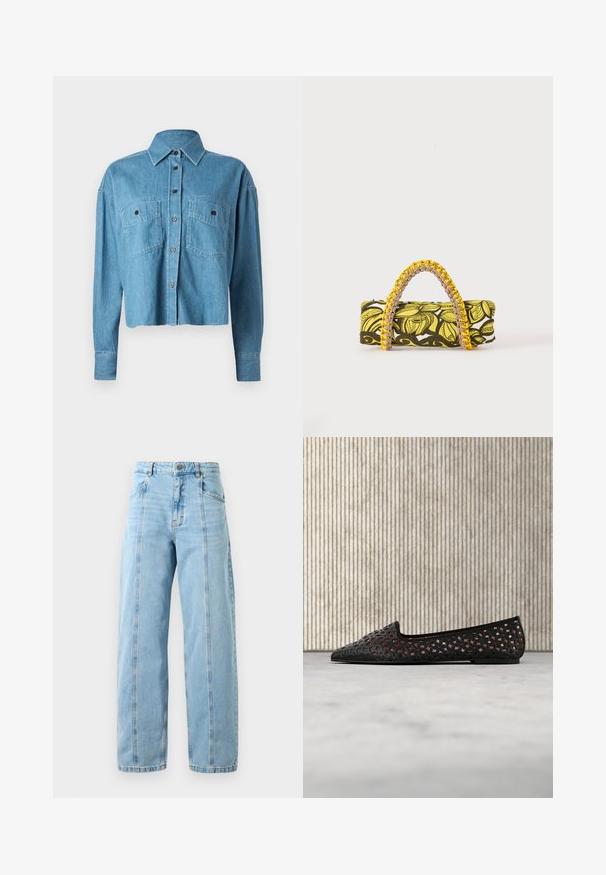 CLOSED CROPPED FRONT OVERSIZED - Nööpidega pluus - mid blue; Heledad sinine kõrge vöökoht ja sirged sääred teksad, millel on eesõmblused, küljetaskud, vöörihmade silmad ja metallist nupuga kinnitamine.; Mustad tipuga lamedad kingad geomeetrilise lõikega mustriga, eksponeeritud beežikal pinnal merevaigukollase läbipaistva mööbli lähedal.; Ristkülikukujuline kott kollase ja musta lillemustriga ning punutud kollase-roosa sangaga valgel taustal.