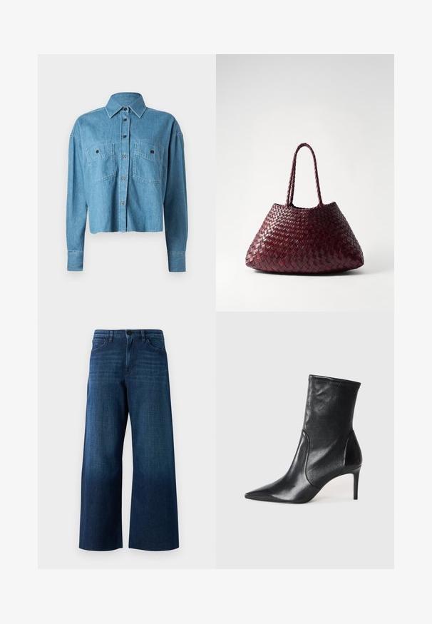 CLOSED CROPPED FRONT OVERSIZED - Skjortebluser - mid blue; Bredde ben mørkeblå denimjeans med frontknap, bæltestropper og klassisk fem-lomme design på ensfarvet baggrund.; Sorte ankelstøvler lavet af glat læder, med spids tå, tætsiddende skaft og en slank høj hæl. Minimalistisk design uden synligt hardware.; DRAGON DIFFUSION SANTA CROCE BIG - Håndtasker - bordo