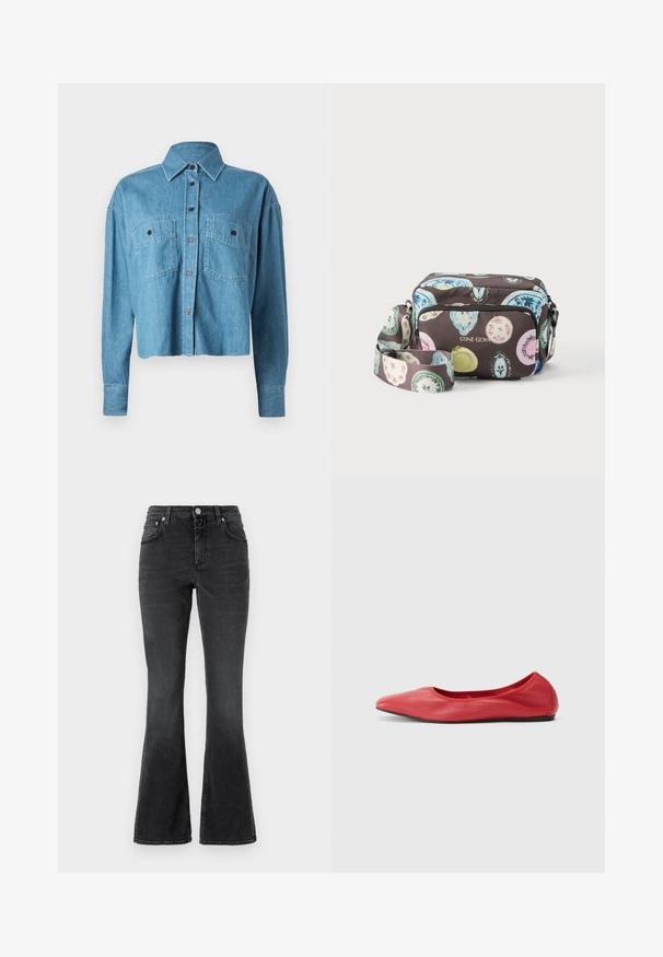 CLOSED CROPPED FRONT OVERSIZED - Hemdbluse - mid blue; CLOSED JOVANNA - Jeans Slim Fit - dark grey; Filippa K REY FLATS - Klassischer Ballerina - bright red; Umhängetasche mit bunten Ovalmustern auf dunklem Hintergrund, Vordertasche mit Reißverschluss und verstellbarem Riemen, mit dem Schriftzug "STINE GOYA" in goldenen Buchstaben.