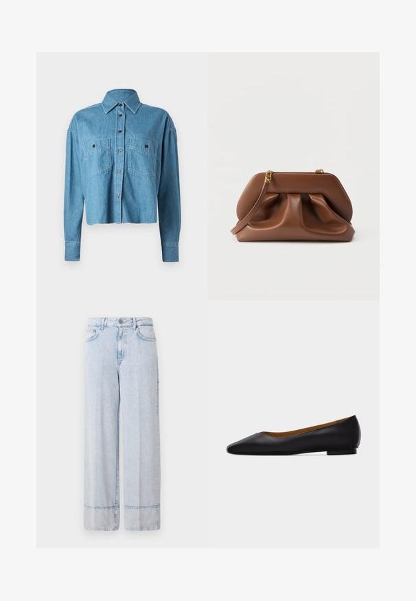 CLOSED CROPPED FRONT OVERSIZED - Skjortebluser - mid blue; Lysblå denim bredbenede bukser med høj talje. Har en knap- og lynlåslukning, forlommer og en rå kantdetalje.; Sort læder flad sko med spids tå, lav hæl og glat finish, vist fra siden på en lysegrå baggrund.; Brun clutchtaske i læder med rynket design, guldfarvet hardware og aftagelig håndledsrem på hvid baggrund.