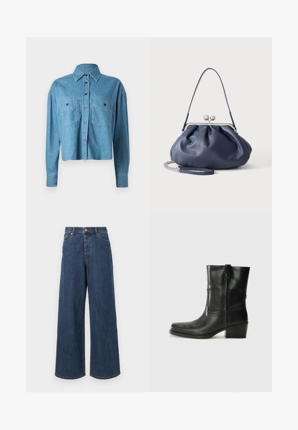 CLOSED CROPPED FRONT OVERSIZED - Skjortebluser - mid blue; Bredde denimjeans i mørkeblå med høj talje, frontlukning med knap og klassisk fem-lomme design med subtile syninger.; Sort læder ankelstøvle med rundt tå, blokhæl, lynlås i siden og stikninger på vampsiden. Glat tekstur, klassisk design.; Blød navyblå læderhåndtaske med sølv lukning, enkelt skulderrem og aftagelig kæde til håndleddet på hvid baggrund.