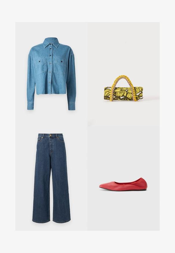 CLOSED CROPPED FRONT OVERSIZED - Skjortebluser - mid blue; Bredde denimjeans i mørkeblå med høj talje, frontlukning med knap og klassisk fem-lomme design med subtile syninger.; Filippa K REY FLATS - Ballerinasko - bright red; Rektangulær taske med gult og sort blomsterprint og flettet gul og pink hank på hvid baggrund.