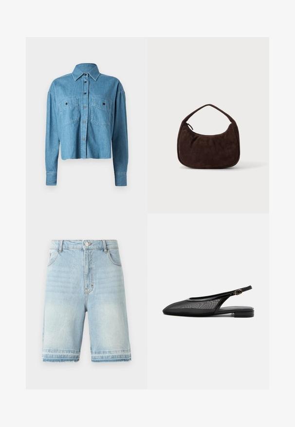 CLOSED CROPPED FRONT OVERSIZED - Overhemdblouse - mid blue; Lichtblauwe denimshorts met een rafelige zoom, vijf zakken, en een standaard tailleband met knoopsluiting. Subtiele vervaging overal.; Zwarte slingback platte schoen met puntige neus, mesh bovenwerk, verstelbare gespsluiting en lage gestapelde hak op witte achtergrond.; Donkerbruine suède handtas met een korte riem en afgeronde rechthoekige vorm op een effen lichte achtergrond.