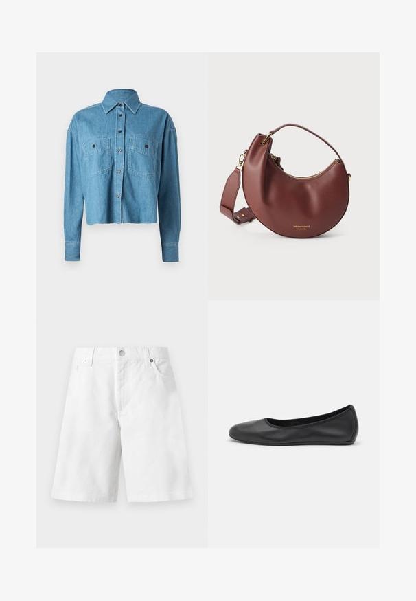 CLOSED CROPPED FRONT OVERSIZED - Chemisier - mid blue; Short en denim blanc avec passants de ceinture, bouton devant, fermeture éclair et deux poches avant, affiché sur un fond uni.; Ballerines en cuir noir avec un bout rond, texture lisse, détails de couture minimalistes et design de semelle flexible.; Sac à main en cuir marron en forme de croissant avec fermeture éclair dorée et bandoulière réglable sur fond blanc.