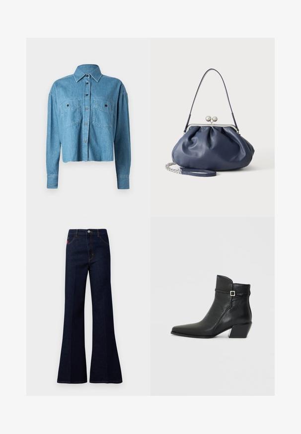 CLOSED CROPPED FRONT OVERSIZED - Blusa - mid blue; Jeans acampanados de tiro alto en azul oscuro con botón frontal, cremallera, bolsillos laterales y traseros, y costuras en contraste.; Botas de cuero negras hasta el tobillo con punta afilada, un tacón bajo en bloque y una correa decorativa con un toque de hebilla plateada. Textura suave.; Bolso de mano de cuero azul marino suave con cierre de broche plateado, una correa de hombro y correa de cadena desmontable para la muñeca sobre fondo blanco.