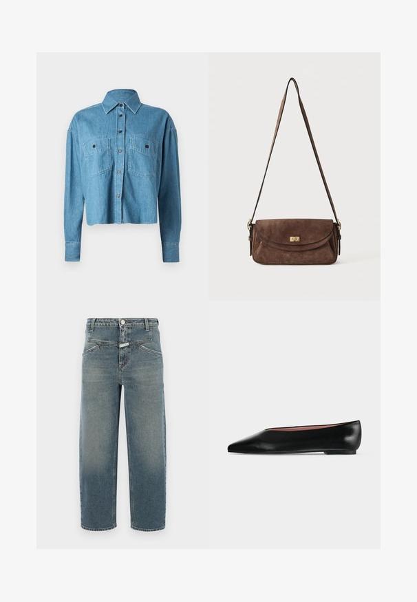 CLOSED CROPPED FRONT OVERSIZED - Blúzka so zapínaním na gombíky - mid blue; CLOSED STOVER X - Džínsy tapered fit - mid blue; Čierna kožená dámska balerína s špicatou špičkou a nízkym opätkom, zobrazená z boku na jednoliatom svetlosivom pozadí.; Hnedá semišová kabelka na rameno s dlhým nastaviteľným popruhom a zlatým zámkom na prednej záklopke.