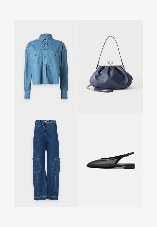 CLOSED CROPPED FRONT OVERSIZED - Blúzka so zapínaním na gombíky - mid blue; Modré denimové cargo nohavice s vysokým pásom, širokými nohavicami, dvoma veľkými bočnými vreckami a tradičnými nitmi a švovými detailmi.; Čierna slingback balerína s ostrou špičkou, sieťovaným zvrškom, nastaviteľným remienkom s prackou a nízkym stohovaným podpätkom na bielom pozadí.; Mäkká námornícky modrá kožená kabelka so strieborným zapínaním, jedným ramenným popruhom a odnímateľným reťazovým náramkom na bielom pozadí.