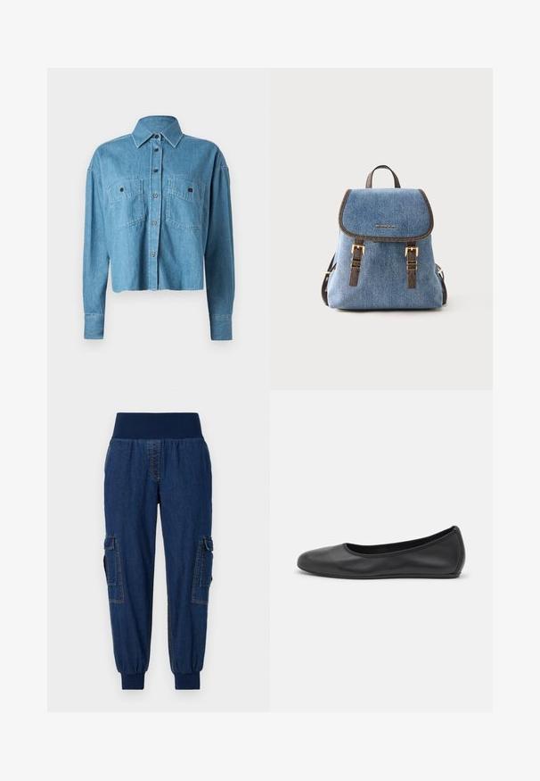 CLOSED CROPPED FRONT OVERSIZED - Overhemdblouse - mid blue; Denim joggers met een brede elastische tailleband, twee zijvakken met klep en ribgebreide enkels; donkere blauwe kleur met contrasterende stiksels.; Zwarte leren ballerina met een ronde neus, gladde textuur, minimale stikdetails en een flexibele zoolontwerp.; Blauwe denimrugzak met bruine bies, gouden gespen, bovenhandvat en voorflap met Michael Kors-logo, tegen een witte achtergrond.