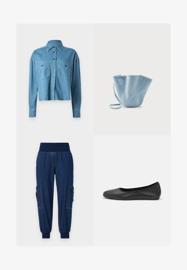 CLOSED CROPPED FRONT OVERSIZED - Skjortebluser - mid blue; Denim joggerbukser med en bred elastisk talje, to sidelommer og ribbede ankler; mørkeblå farve med kontraststing.; Sort læderballetsko med rund tå, glat tekstur, minimal syning og et fleksibelt såldesign.; Lyseblå stofhåndtaske med lang strop, bred åbning øverst og stikninger i lodrette sømme, sat mod en ensfarvet hvid baggrund.