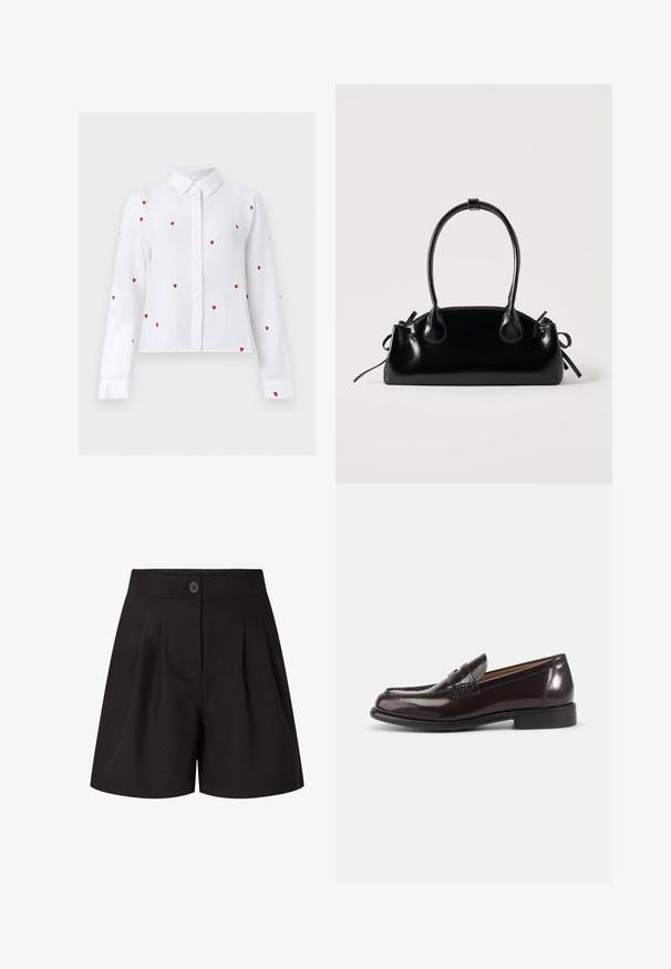 Hvid langærmet bluse med knapper, dekoreret med røde broderede hjerte-mønstre og en spids krave, vist på en neutral baggrund.; Sorte skræddersyede shorts med høj talje, forreste folder, knaplukning og en glat stoffinish.; Mørkebrune polerede læder herre penny loafer med lav hæl og syningsdetaljer på hvid baggrund.; Lille sort blank håndtaske med to lange håndtag og snøre-detaljer i siden på en ensfarvet lys baggrund.