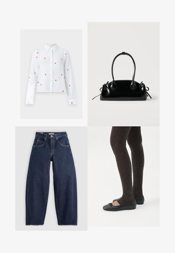 Hvid langærmet bluse med knapper, dekoreret med røde broderede hjerte-mønstre og en spids krave, vist på en neutral baggrund.; Mørkeblå denim jeans med løs pasform, lyse syninger, fem lommer og en knaplukning ved taljen.; Ben iført mørke ribbede leggings kombineret med sorte balletsko med små sløjfedetaljer på hvid baggrund.; Lille sort blank håndtaske med to lange håndtag og snøre-detaljer i siden på en ensfarvet lys baggrund.