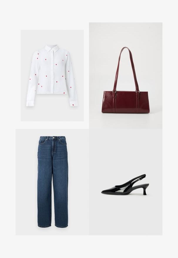Blouse blanche à manches longues avec boutons, motifs de cœurs rouges brodés et col pointu, présentée sur un fond neutre.; Jean en denim bleu foncé avec une coupe ample, un design à cinq poches et une fermeture à bouton avec des accents en métal le long des coutures latérales.; Escarpins en cuir verni noir avec un bout pointu et un petit talon carré. Sangle réglable à la cheville avec boucle.; Sac à main bordeaux en matériau brillant, de forme rectangulaire, avec deux anses et des accents légèrement courbés à l'avant.
