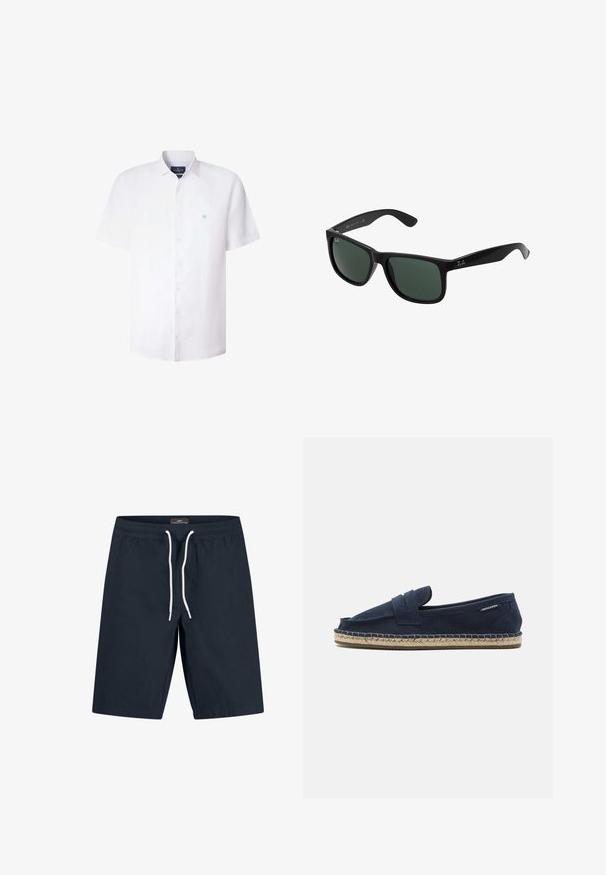 Camisa blanca de manga corta con botones, cuello y pequeño logotipo bordado de remos cruzados en el pecho izquierdo, de Hackett London.; Bañadores azul marino hechos de material ligero, con una cintura elástica y un cordón blanco, y un diseño de corte recto.; Zapatilla espadrille de ante azul marino, tipo slip-on, con suela de yute trenzado, que presenta un diseño minimalista sin herrajes ni patrones visibles.; Gafas de sol de plástico negro con lentes verdes, que cuentan con un marco cuadrado, acabado liso y el prominente logo de Ray-Ban en las patillas.