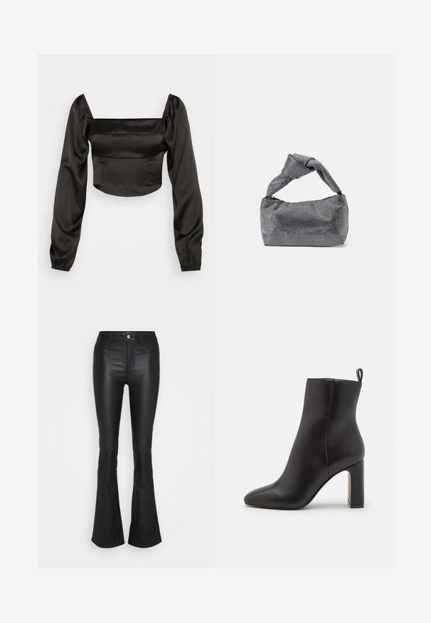 Blouse noire cropped en satin lisse, dotée d'un décolleté carré et de longues manches bouffantes avec des poignets élastiques.; ONLY ONLGAIA ROCK LIFE FLARED - Pantalon classique - black; Botte chelsea en cuir noir avec un bout pointu, un talon haut cylindrique et une languette à l'arrière pour un enfilage facile. Texture lisse.; Sac à main noir et argent avec une surface texturée affichant un motif en diamant, une anse nouée et une forme structurée.