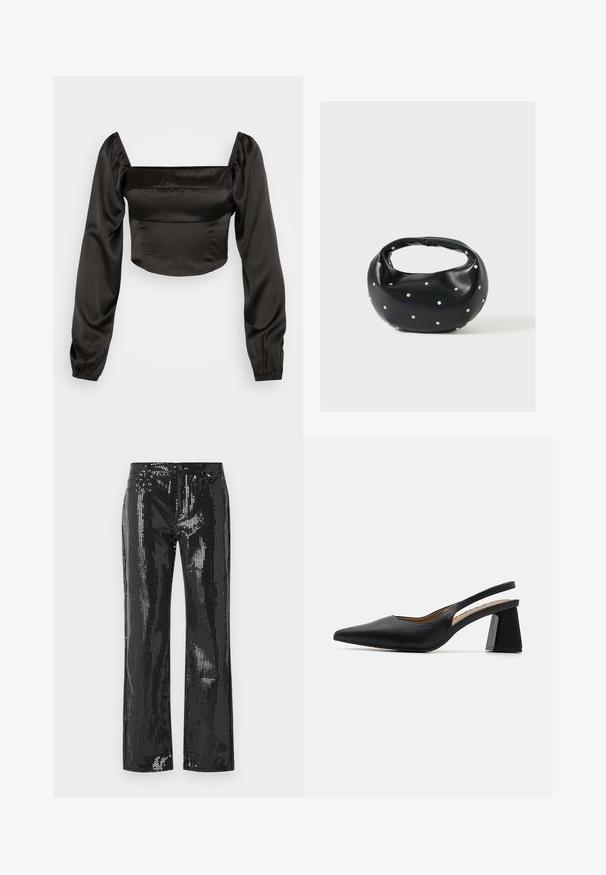 Sort cropped bluse lavet af glat satin, med firkantet udskæring og lange puffede ærmer med elastiske manchetter.; Sorte pailletbukser med et tætsiddende design og en flagrende benform. Stoffet har en skinnende tekstur med et mønster af små, reflekterende skiver.; Sort slingback hæl med spids tå og tekstureret læderfinish. Har en geometrisk blokhæl for forbedret stabilitet.; Sort læderhåndtaske med en rundet form, dekoreret med sølvnitter, og et kort håndtag. Glat tekstur og lynlåslukning.