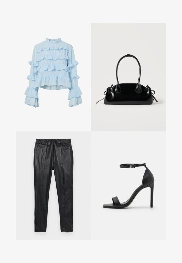 Blusa azul claro con volantes en el cuerpo y las mangas, con un cuello alto y mangas largas, hecha de una tela ligera.; Pantalones de cuero negro de corte ajustado, con cintura elástica y dos bolsillos frontales con detalles cosidos. Acabado suave y texturizado.; Sandalia de tacón alto negra con un diseño elegante, que cuenta con una correa en el tobillo, punta abierta y una textura de cuero suave.; Pequeño bolso negro brillante con dos asas largas y detalles de cordón lateral sobre un fondo claro liso.