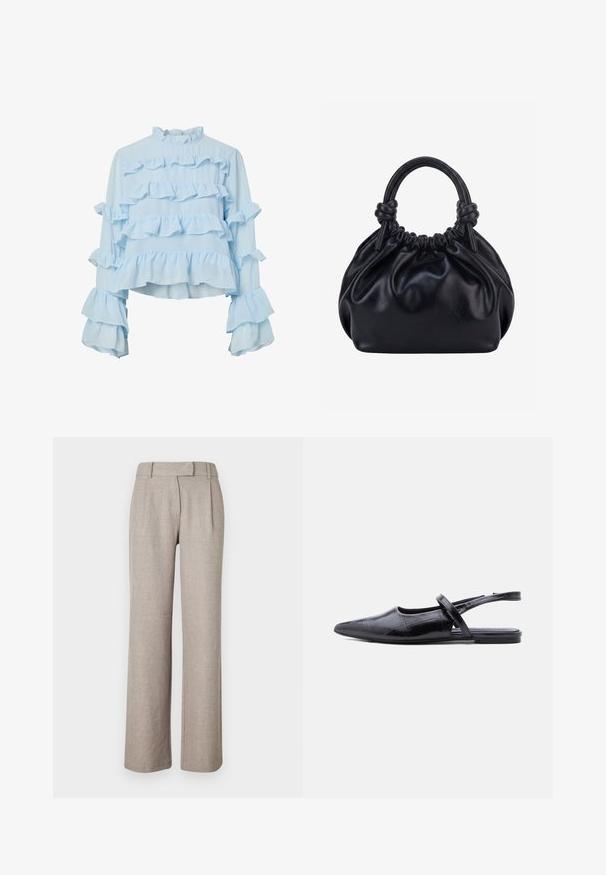 Blusa azul claro con volantes en el cuerpo y las mangas, con un cuello alto y mangas largas, hecha de una tela ligera.; Pantalones beige a medida de una tela texturizada, con un diseño de pierna recta y plisados en la parte delantera. Sin hardware ni patrones visibles.; Zapato plano de punta negra con tirante delgado sobre la parte superior y patrón de piel texturizada.; Bolso de mano de cuero negro suave con parte superior fruncida y dos asas gruesas atadas en nudos sobre un fondo claro y liso.