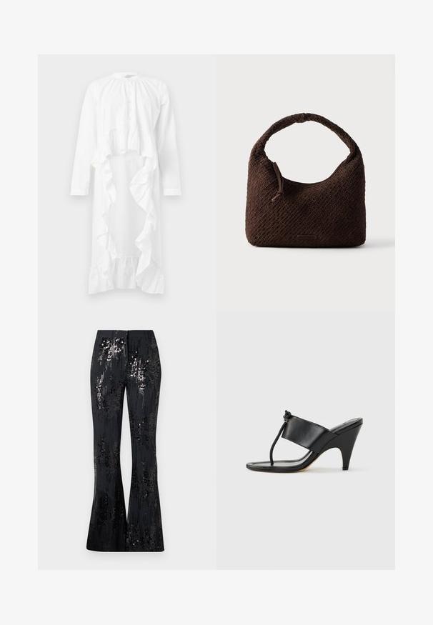 Robe blanche à manches longues avec encolure boutonnée et détails de volants en cascade de la taille à l'ourlet, présentant un design asymétrique (longueur dégradée).; The Kooples PANTALON SEUL - Pantalon classique - black; Sandale noire à talon haut avec une large bride avant et une boucle d'orteil dotée d'un détail de corde nouée, vue de profil sur fond blanc.; Sac à main tressé marron avec une poignée arrondie, fabriqué en matériau texturé. Dispose d'une fermeture éclair et d'un petit logo en accent.