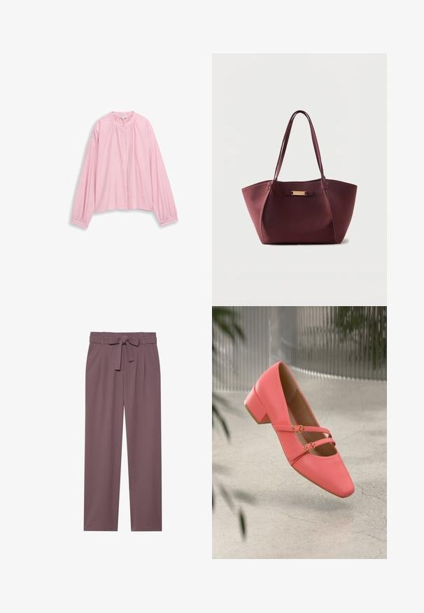 Blusa rosa de manga larga con cuello mandarín, que presenta tela fruncida en el escote y cierre de botones en la parte delantera. Textura suave.; Pantalones de pierna ancha en color ciruela con cintura ceñida mediante cinturón, frente plisado y textura suave. Presenta bolsillos laterales y un diseño a medida.; Zapato bajo de piel coral con tacón bajo y punta afilada, que presenta dos correas y hebillas en tono dorado. Textura suave, diseño minimalista.; Bolso tote de cuero burdeos con doble asa de hombro y una pequeña placa rectangular dorada con nombre en el centro delantero sobre un fondo blanco.