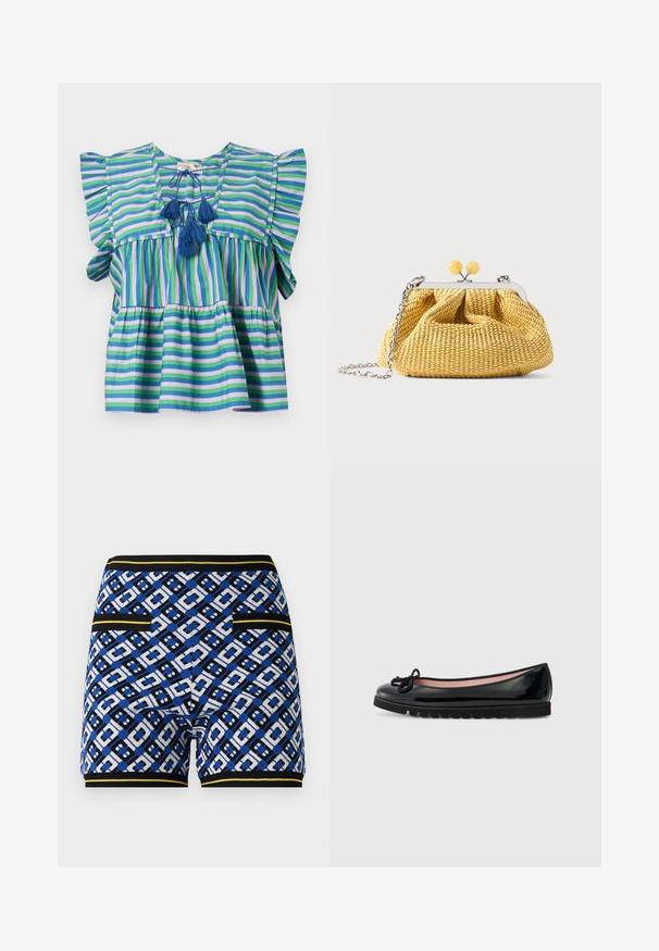 Gestreepte katoenen blouse met korte, gerimpelde mouwen, met blauwe, groene en paarse strepen, en drie blauwe franjes aan de hals.; Gehaakte shorts met een blauw, zwart en wit geometrisch patroon, met contrasterende gele accenten en zijzakken.; Zwarte gepatineerde lederen balletschoen met een ronde neus, strikdetail op de wreef en een gestructureerde rubberen zool. Het interieur heeft een roze voering.; Kleine gele geweven handtas met een zilveren frame, twee gele bolklinken en een zilveren kettinghengsel op witte achtergrond.