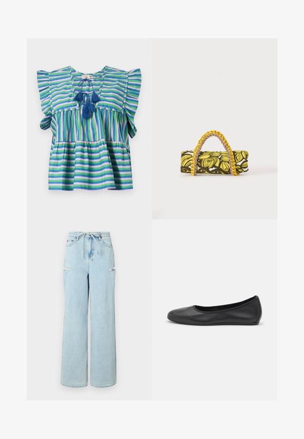 Blusa de algodón a rayas con mangas cortas con volantes, que presenta rayas en azul, verde y púrpura, y tres borlas azules en el cuello.; Jeans de mezclilla de tiro alto en un azul claro, con pierna ancha y cintura con cordón. Presentan dos desgastes en las rodillas y un dobladillo limpio. Textura suave y corte relajado.; Bailarina de piel negra con punta redondeada, textura suave, detalle de costura minimalista y diseño de suela flexible.; Bolsa rectangular con patrón floral en amarillo y negro y asa trenzada amarilla y rosa sobre fondo blanco.