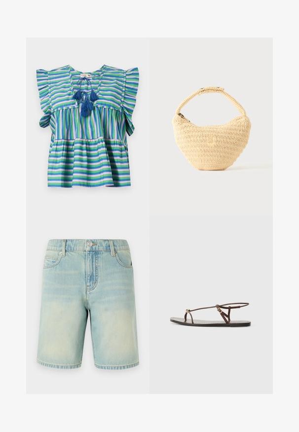 Blouse en coton rayé avec des manches courtes volantées, présentant des rayures bleues, vertes et violettes, et trois pompons bleus au niveau du cou.; Shorts en denim bleu clair avec une finition délavée, dotés d'un design à cinq poches, de coutures visibles et d'une fermeture à bouton métallique à la taille.; Sandale en cuir marron avec des fines lanières, un accent circulaire doré et une semelle plate. Design minimaliste avec un détail de boucle réglable.; Sac à main beige tissé avec corps arrondi, fermeture éclair et une sangle courte et épaisse dans un style crochet simple et texturé.